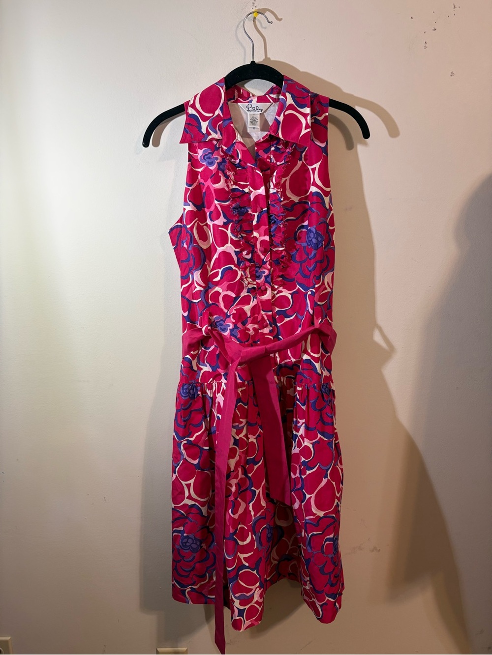 Lilly Pulitzer dress women’s SZ 6 pink floral sleeveless ruffed collar waist tie